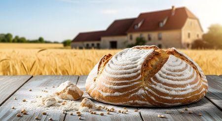 Bread on a wooden table with wheat field in the background.の素材
