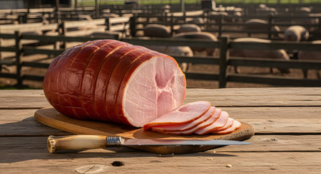 Sliced smoked ham on a wooden board on a farm.の素材