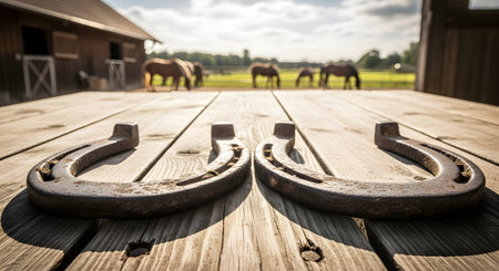 Horseshoe on a wooden table with horses in the backgroundの素材