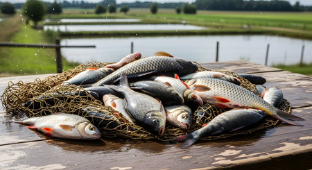 Fishing concept with fresh fish in a net on a wooden pierの素材