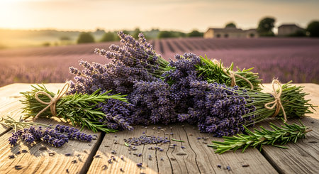 Bunch of lavender flowers on a wooden table with lavender field in the backgroundの素材
