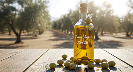 Olive oil bottle with olives on wooden table in olive groveの素材