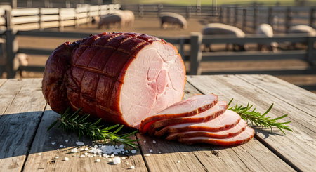 Smoked ham with rosemary and salt on a wooden table.の素材