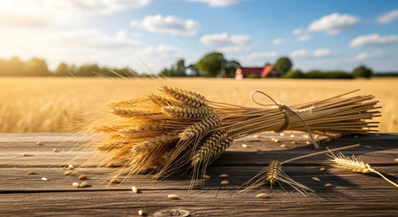 Spikelets of wheat on a wooden table in a wheat fieldの素材