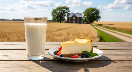 A glass of milk and a piece of cheesecake on a wooden table in a wheat fieldの素材