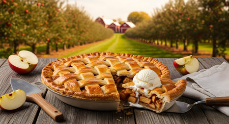 Apple pie with ice cream on a wooden table in an orchardの素材