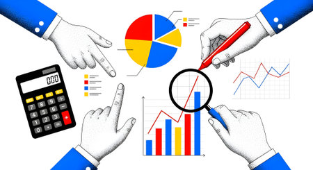 Hands of business people working with charts and graphs. Vector illustration.の素材