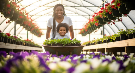 African american mother and son working together in a greenhouse, gardening conceptの素材