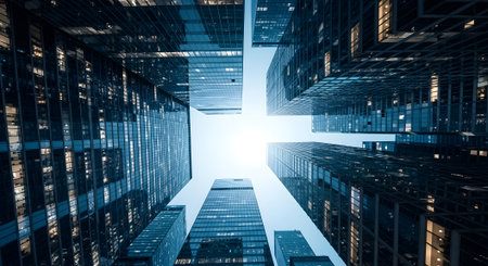 Bottom view of modern skyscrapers in business district against blue skyの素材