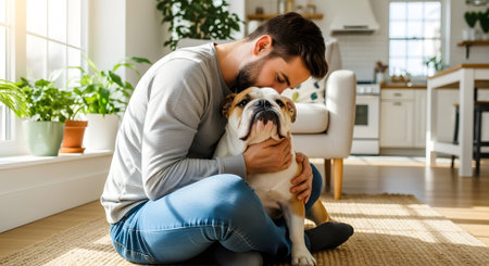 Young man hugging his dog while sitting on the floor in the living room at homeの素材