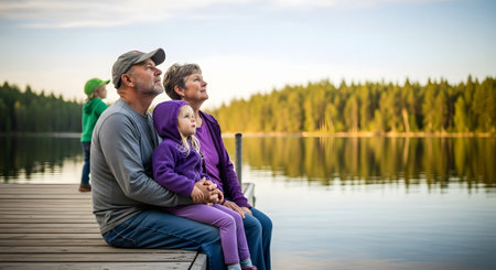 Portrait of a happy senior couple with their granddaughter sitting on a pier by the lakeの素材
