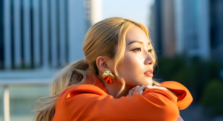 portrait of a beautiful blonde girl in an orange jacket in the cityの素材