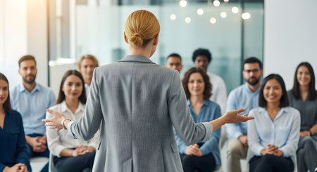 Businesswoman talking to colleagues in conference room. Group of business people sitting in circle and listening to speaker. Business meeting conceptの素材
