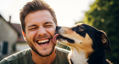 Portrait of a happy young man with his dog in the parkの素材