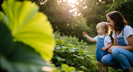 Mother and daughter in the garden. Mother and child having fun outdoors.の素材
