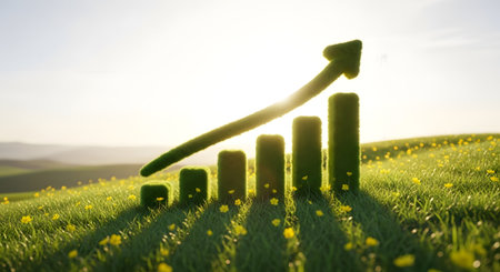 Growing graph in the green field. Business concept. 3d renderingの素材
