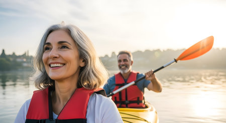 cheerful senior couple kayaking together on lake shore at sunsetの素材