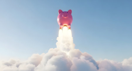 Piggy bank flying in the sky. 3D rendering.の素材
