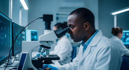 african american scientist looking at microscope in laboratory during scientific researchの素材