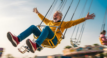 Cheerful senior man swinging on swing at amusement park on sunny dayの素材