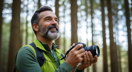Portrait of senior man with camera in the forest. Travel and adventure concept.の素材