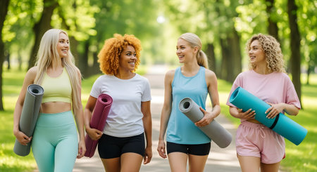 fitness, sport, exercising and people concept - group of smiling women with yoga mats in parkの素材