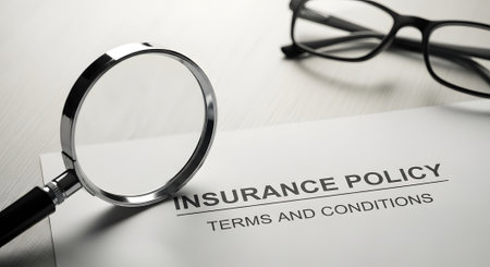 Insurance policy with magnifying glass on table, close-upの素材