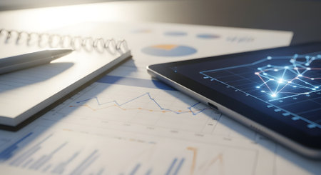 Tablet pc and financial charts on the table. Business concept.の素材