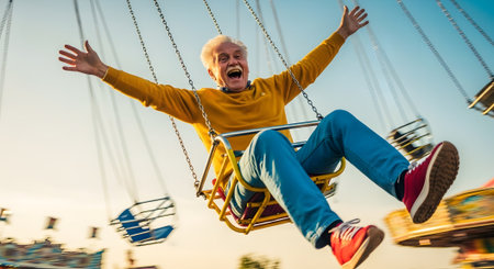 Cheerful senior man having fun on swing in amusement park at sunsetの素材
