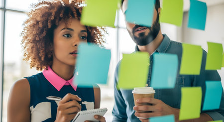 young african american businesswoman writing on paper with colleague in officeの素材