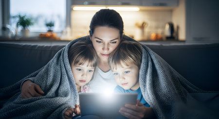 Mother and two children wrapped in a blanket using tablet computer at homeの素材