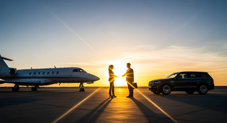 Business people shaking hands after successful business deal with airplane in the backgroundの素材