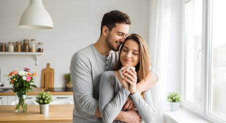 happy young couple hugging and drinking coffee in kitchen at home, panoramaの素材