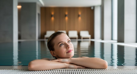 Beautiful young woman relaxing in the swimming pool at spa center.の素材