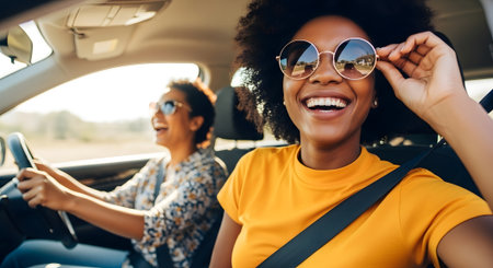 smiling african american woman in sunglasses driving car with friendの素材