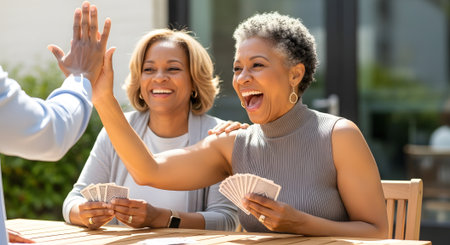 african american woman giving high five to female friend at casinoの素材
