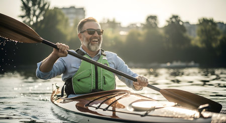 Happy senior man kayaking on the river at sunset. He is smiling and looking at camera.の素材