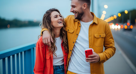 Beautiful young couple in love is using a smartphone and smiling while walking on the bridge.の素材