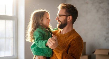 happy father and daughter looking at each other in new home, family conceptの素材