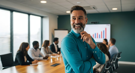 Portrait of a smiling mature businessman standing in front of his team during a meetingの素材