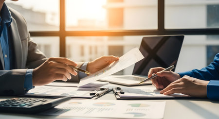 Business people discussing the charts and graphs showing the results of their successful teamworkの素材