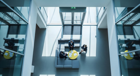 High angle view of business people sitting in corridor of modern office buildingの素材