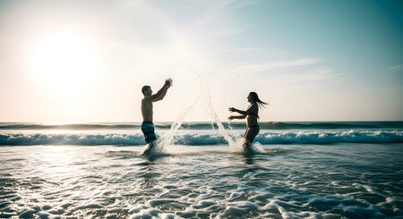 Happy young couple having fun on the beach at beautiful sunny day.の素材