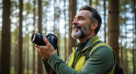 Portrait of senior man with camera in the forest. He is smilingの素材
