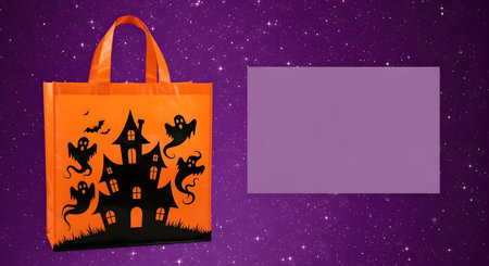 Halloween shopping bag against purple starry sky with vignetteの素材