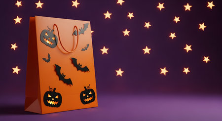 Halloween shopping bag with bats on purple background. 3d renderingの素材