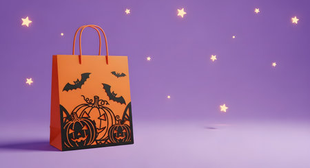 Halloween shopping bag with pumpkins and bats on purple background.の素材