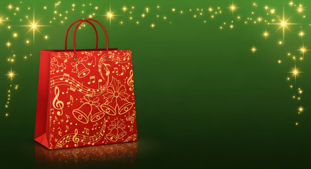 Shopping bag with christmas ornaments on green background.の素材