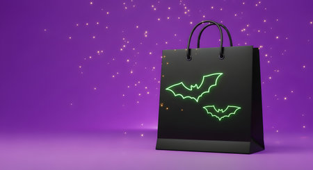Shopping bag with green glowing bat on purple background. 3D renderingの素材