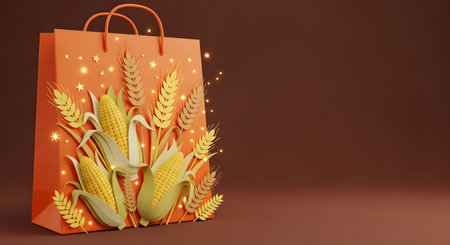 Shopping bag with corn ears on brown background. 3D renderingの素材